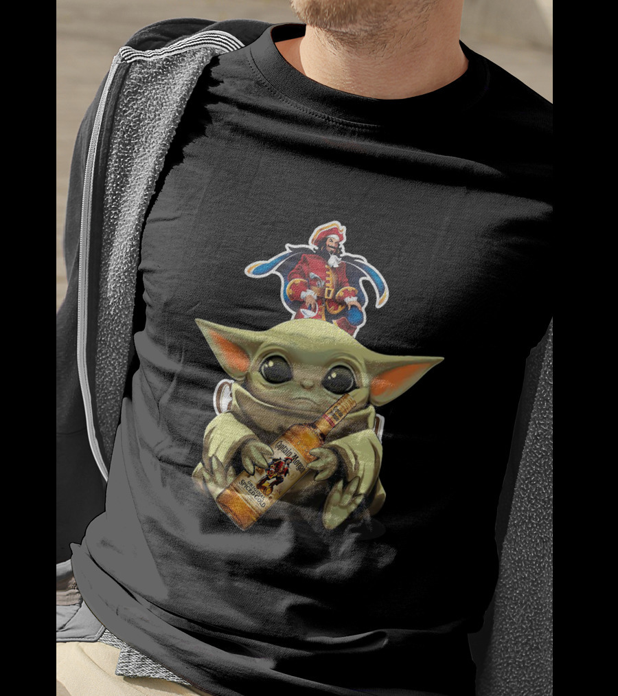 Baby Yoda Holding Captain Morgan Spiced Rum Bottle T-Shirt