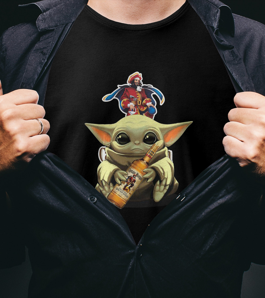 Baby Yoda Holding Captain Morgan Spiced Rum Bottle T-Shirt