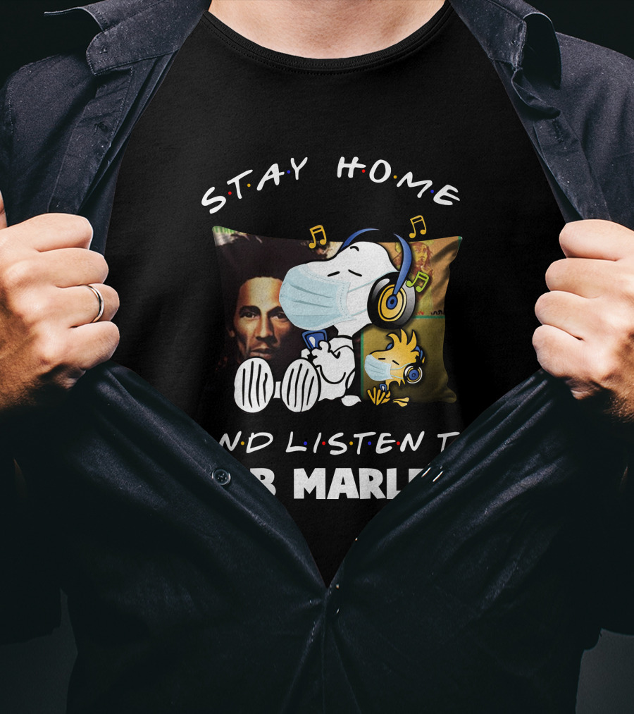 STAY HOME AND LISTEN TO BOB MARLEY Snoopy Mask Pillow T-Shirt