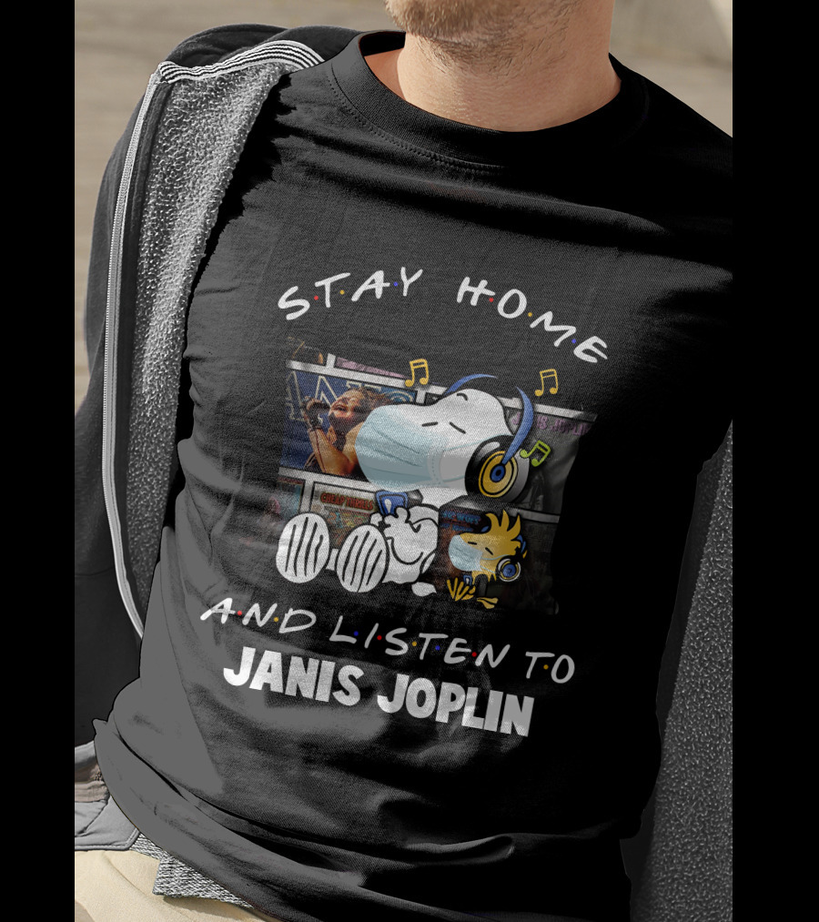 Stay Home And Listen To Janis Joplin Snoopy Relaxing With Mask And Headphones T-Shirt