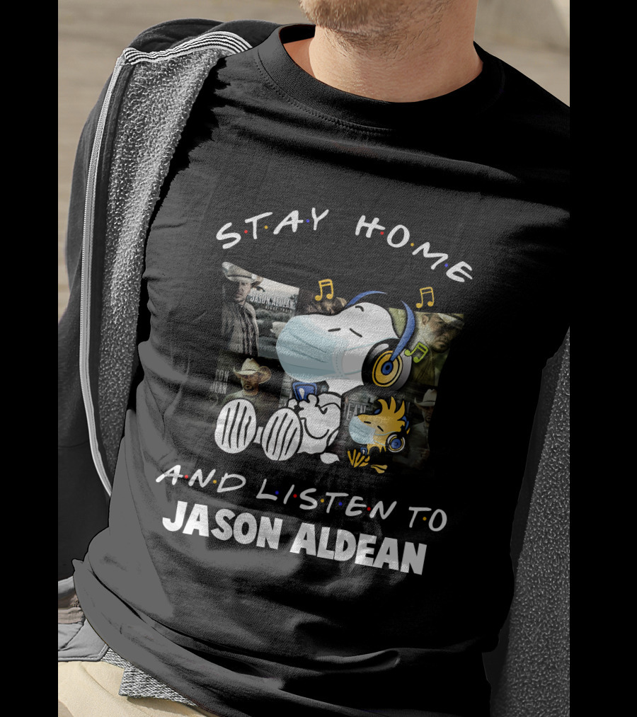 Stay Home And Listen To Jason Aldean Snoopy With Mask And Headphones T-Shirt