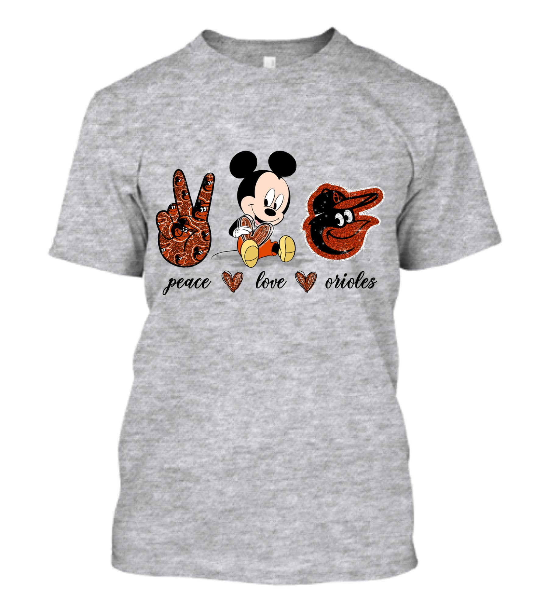 Mickey Mouse Peace Love Orioles Baseball Team T-Shirt