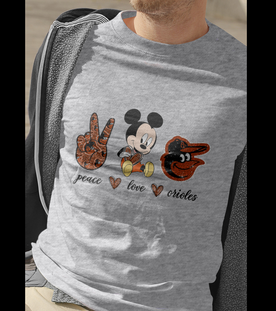 Mickey Mouse Peace Love Orioles Baseball Team T-Shirt