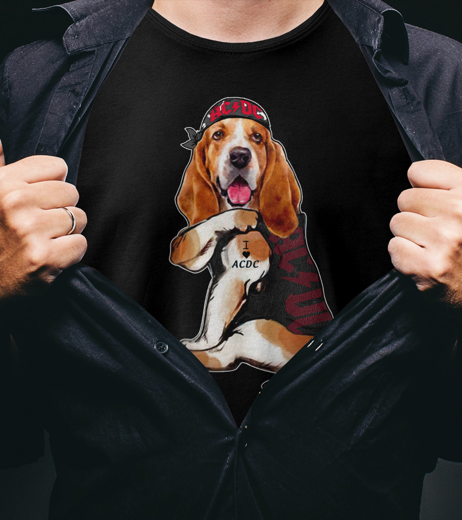 Basset Hound I Love Ac/Dc Bandana And Tattoo Style With Red Bandana And Black Vest T-Shirt