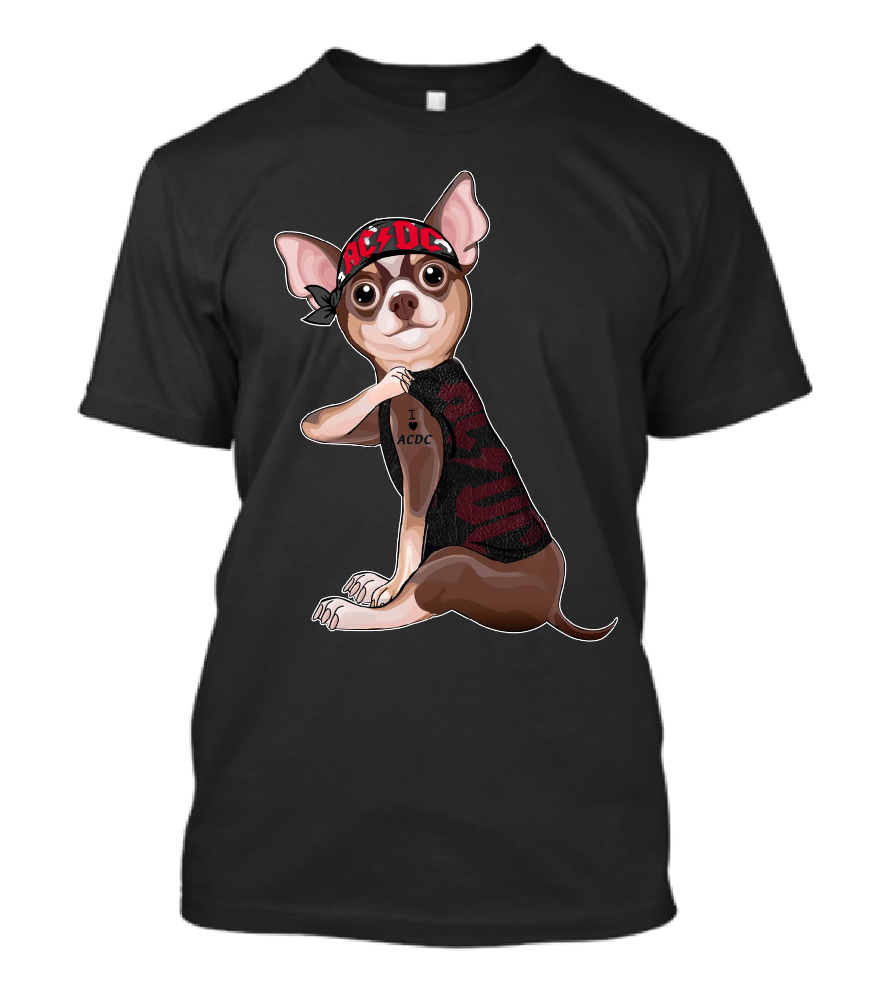 Chihuahua With I Love Ac/Dc Tattoo And Bandana T-Shirt