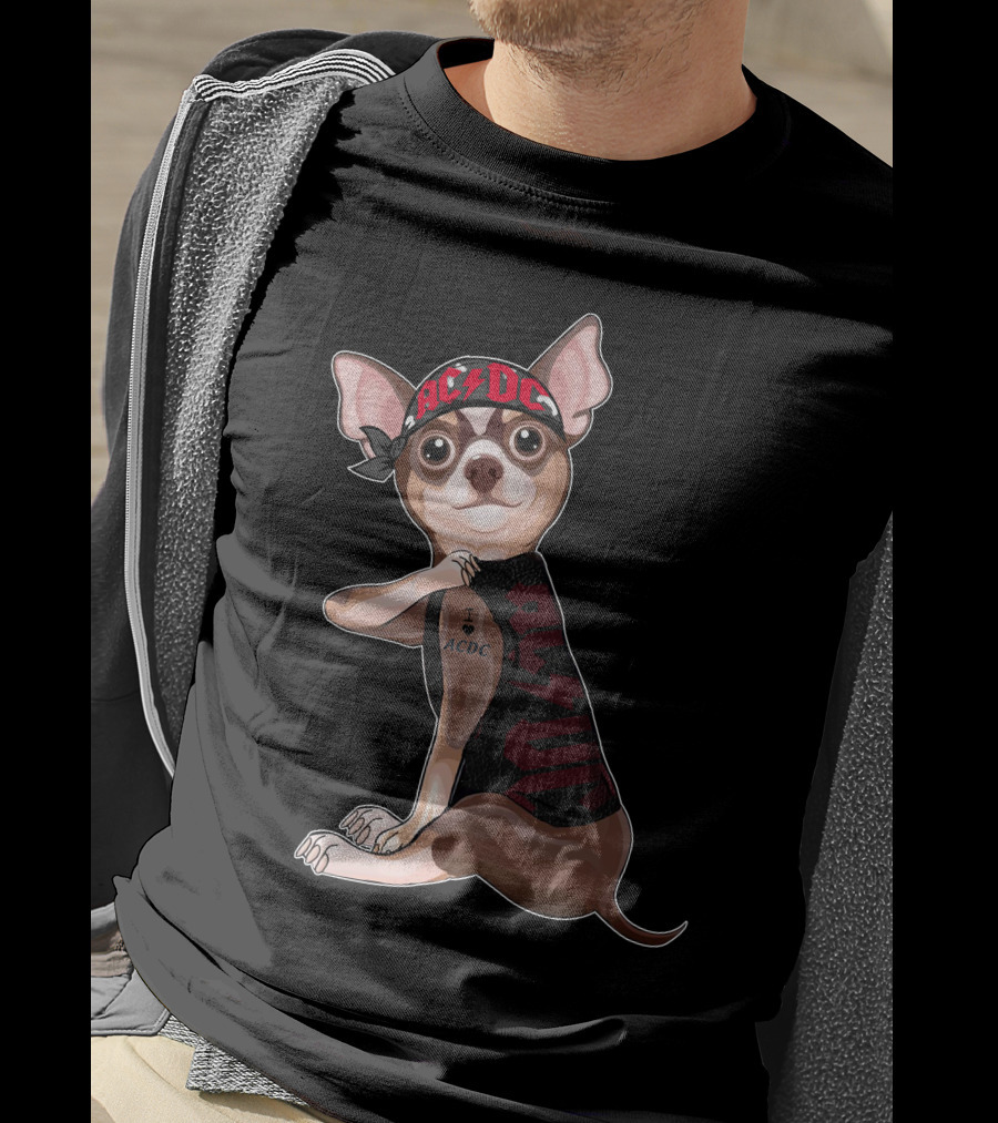 Chihuahua With I Love Ac/Dc Tattoo And Bandana T-Shirt