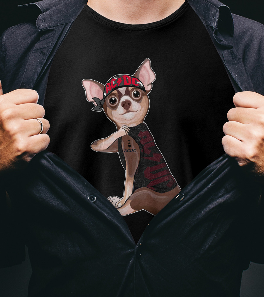 Chihuahua With I Love Ac/Dc Tattoo And Bandana T-Shirt