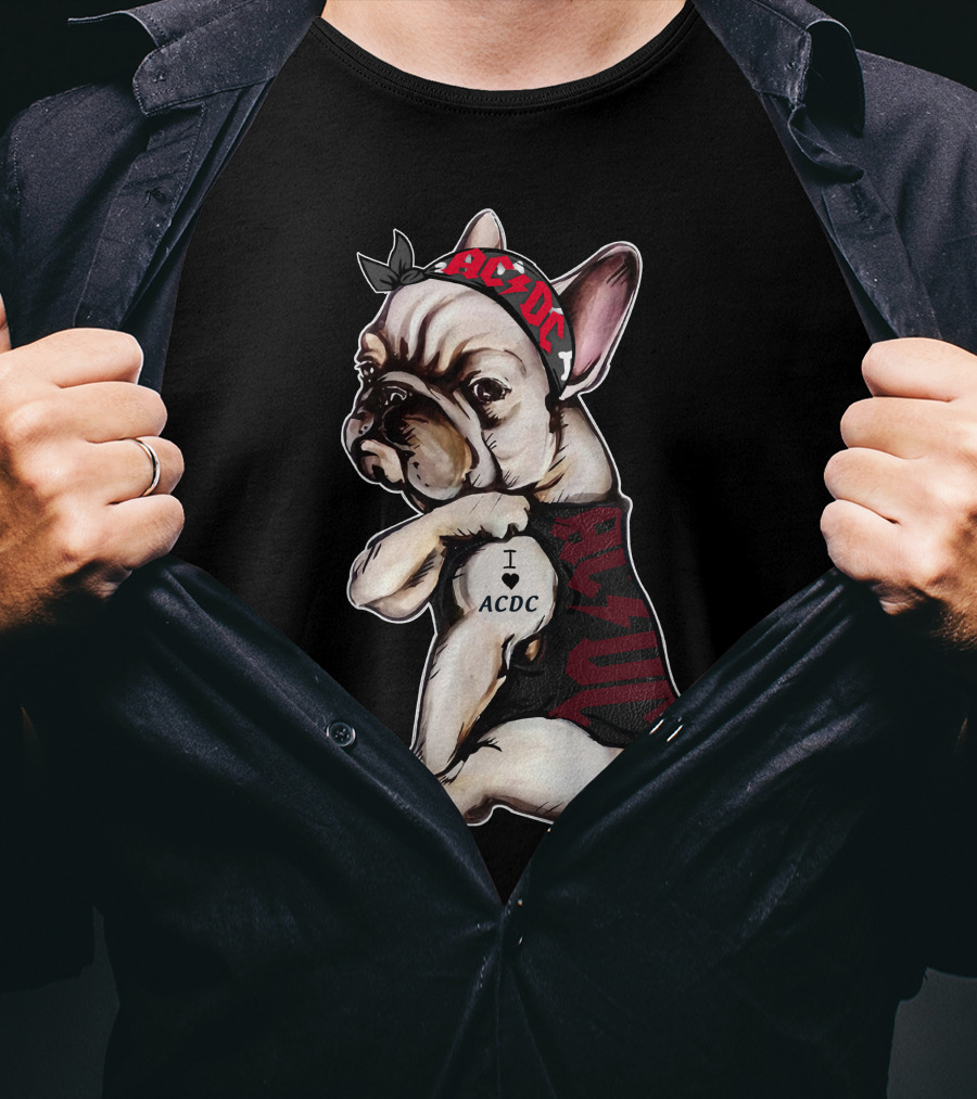 French Bulldog I Love Ac/Dc Black Bandana Rock Style T-Shirt