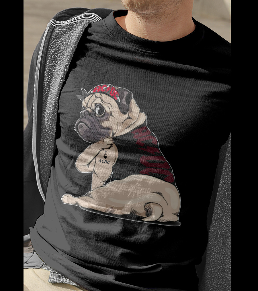 Ac/Dc Pug With I Love Ac/Dc Tattoo And Bandana T-Shirt