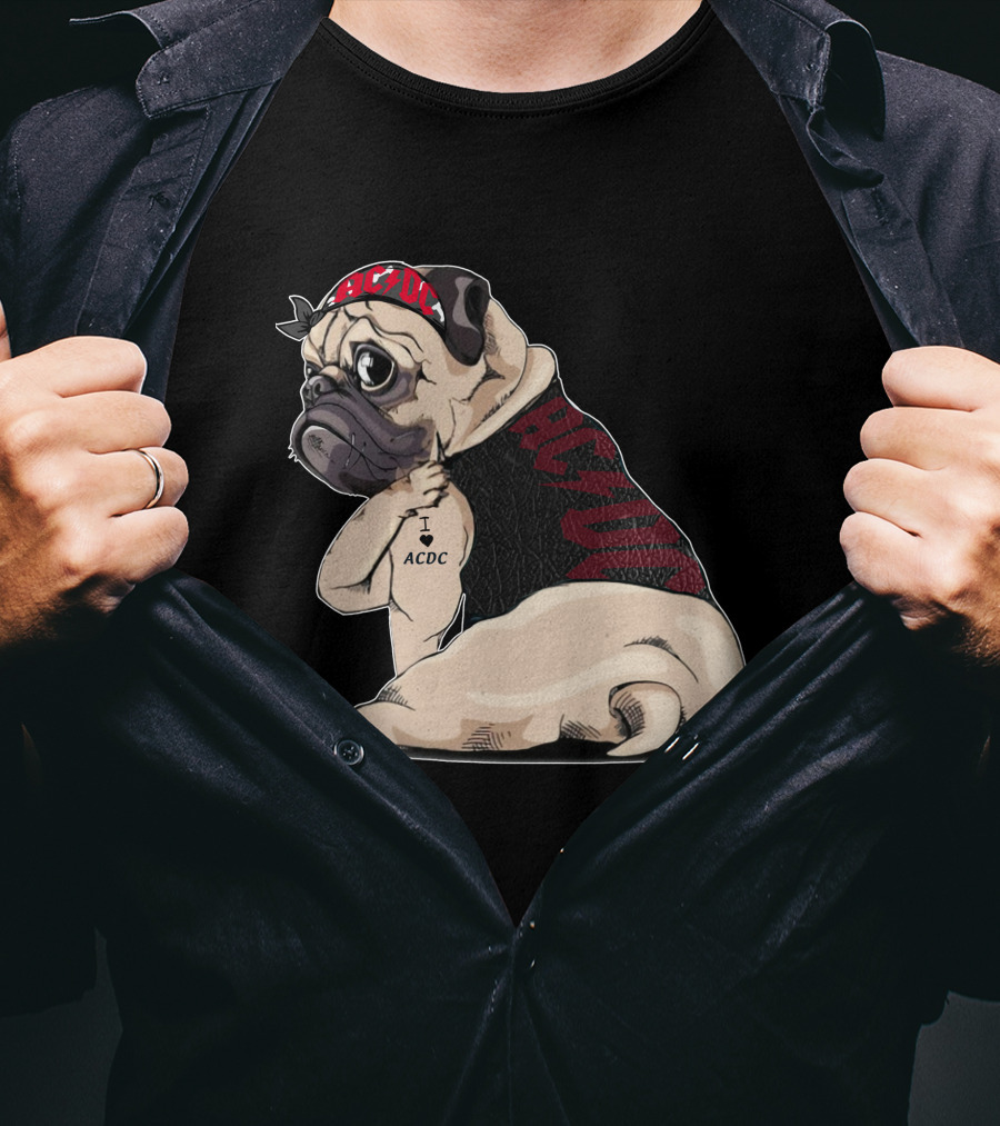 Ac/Dc Pug With I Love Ac/Dc Tattoo And Bandana T-Shirt