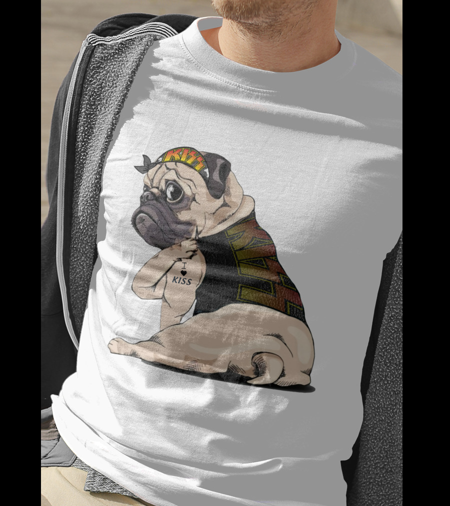 Kiss Bandana Pug With I Love Kiss Tattoo T-Shirt