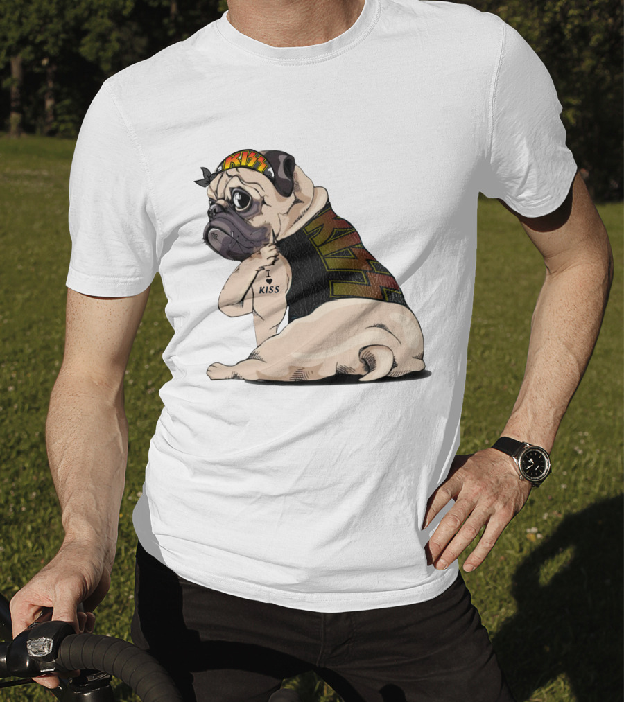 Kiss Bandana Pug With I Love Kiss Tattoo T-Shirt