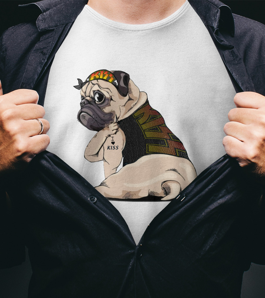 Kiss Bandana Pug With I Love Kiss Tattoo T-Shirt