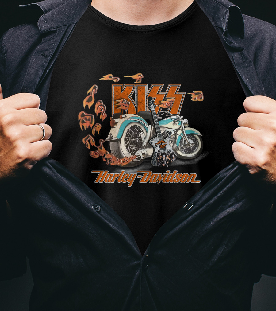 Kiss Harley Davidson Motorcycle Flames Guitar T-Shirt