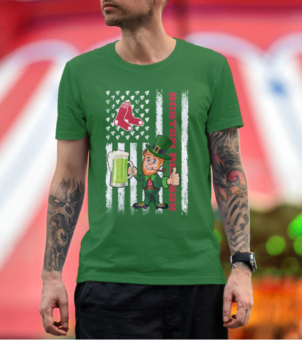 Premium T-Shirt: Boston Red Sox St Patrick's Day Leprechaun with Clover Flag and Beer Mug T-Shirt Boston Red Sox St Patrick's Day Leprechaun with Clover Flag and Beer Mug T-Shirt