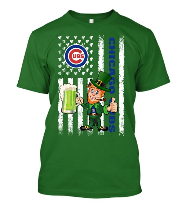 Chicago Cubs St Patrick's Day Leprechaun With Shamrocks And Flag T-Shirt