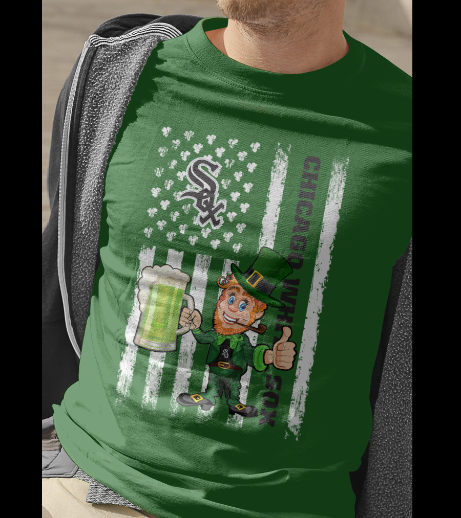 Chicago White Sox St Patrick's Day Leprechaun With Shamrock Beer And American Flag T-Shirt
