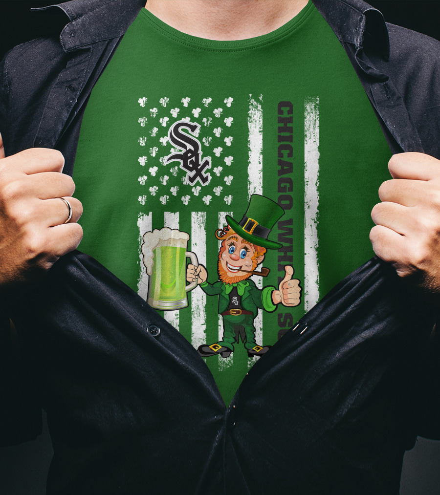 Chicago White Sox St Patrick's Day Leprechaun With Shamrock Beer And American Flag T-Shirt