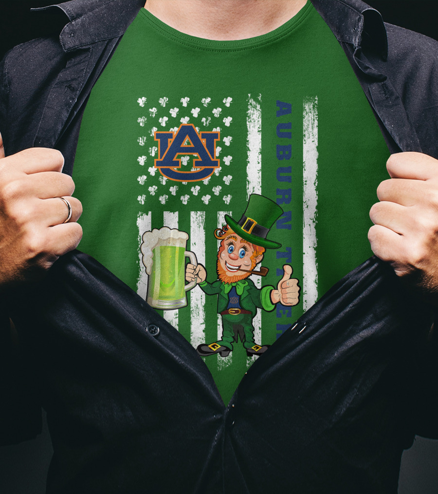 Auburn Tigers Leprechaun Holding Beer With Shamrocks St Patrick's Day T-Shirt