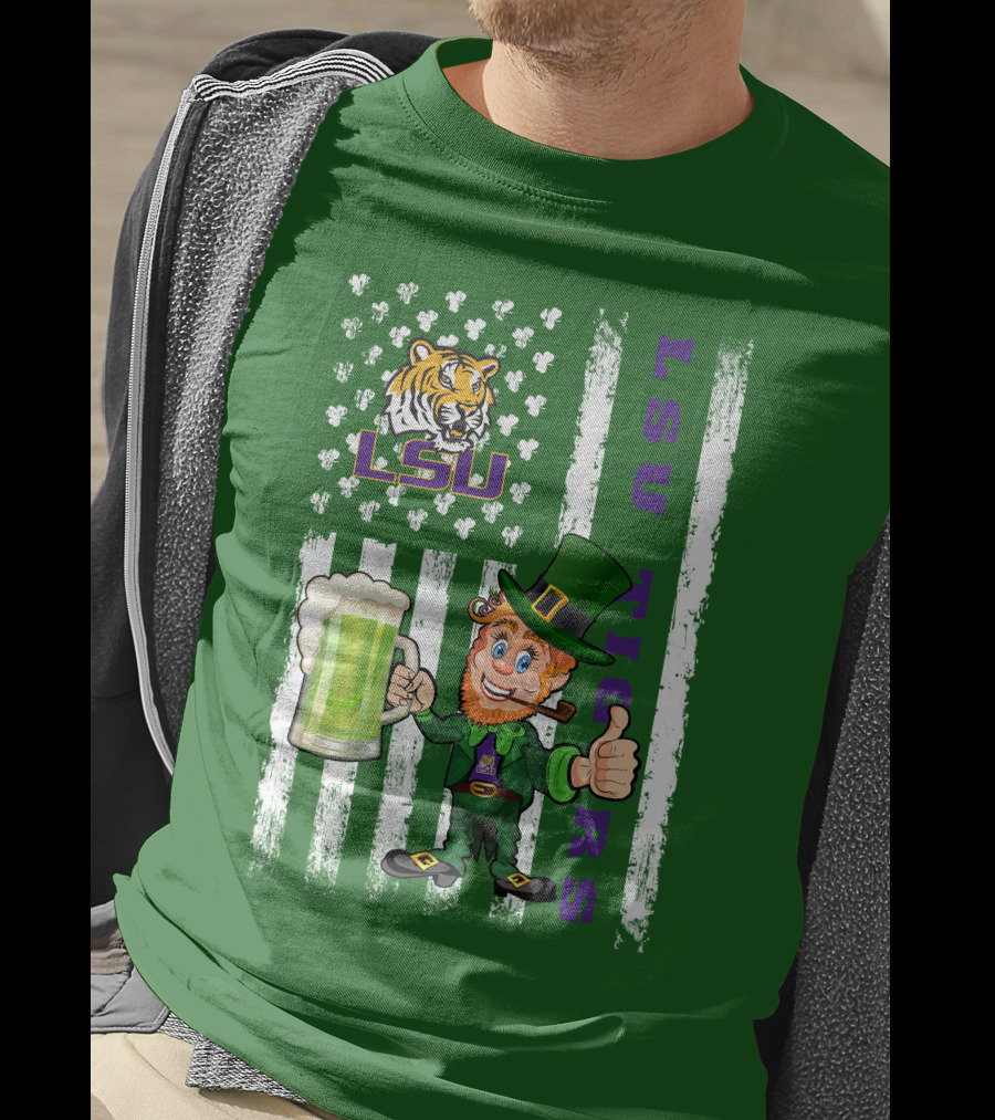 LSU Tigers St Patrick's Day Leprechaun Irish Flag With Beer Mug T-Shirt