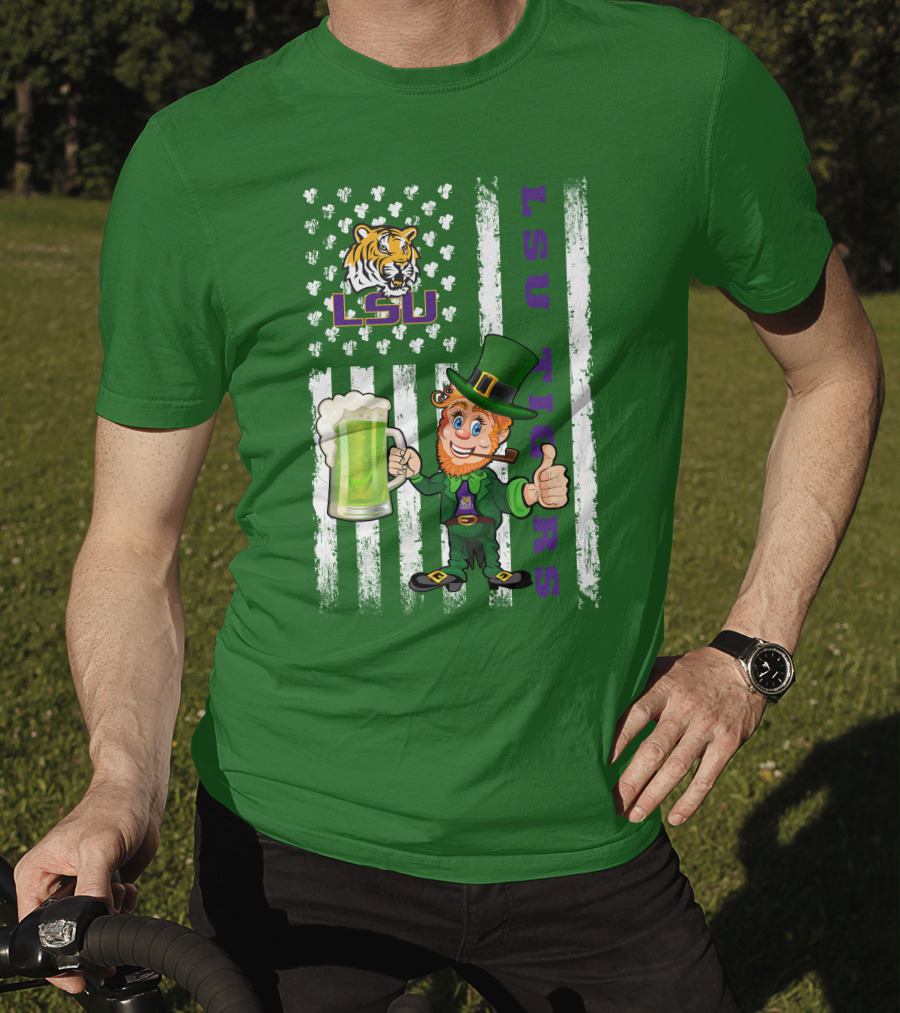 LSU Tigers St Patrick's Day Leprechaun Irish Flag With Beer Mug T-Shirt