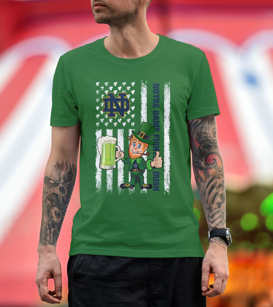 Notre Dame Fighting Irish Leprechaun with Beer and Shamrock Flag T-Shirt