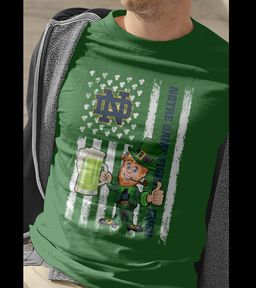 Notre Dame Fighting Irish Leprechaun With Beer And Shamrock Flag T-Shirt