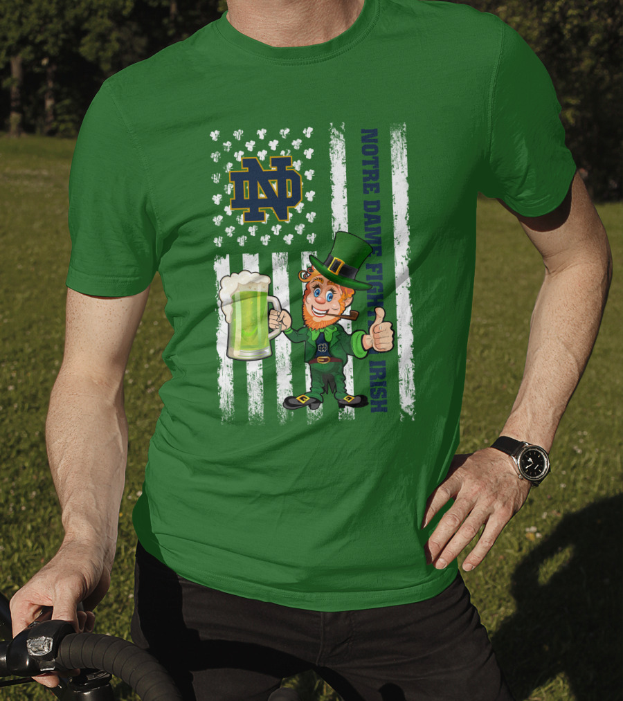 Notre Dame Fighting Irish Leprechaun With Beer And Shamrock Flag T-Shirt