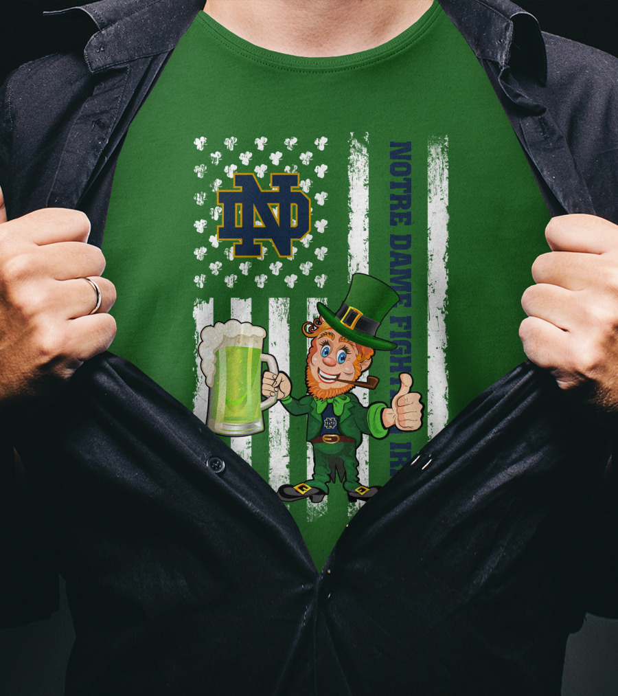 Notre Dame Fighting Irish Leprechaun With Beer And Shamrock Flag T-Shirt