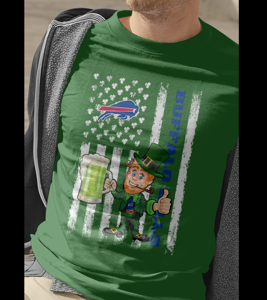 Buffalo Bills St Patrick's Day Leprechaun American Flag Shamrocks Beer T-Shirt