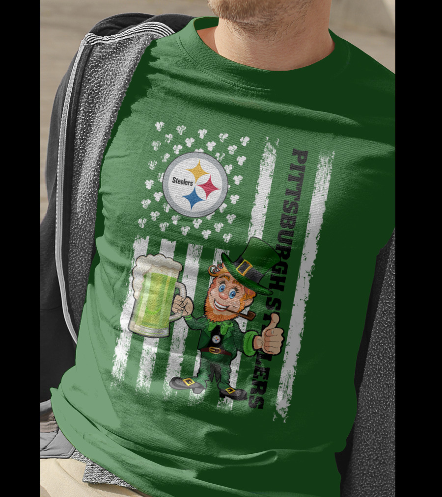 Pittsburgh Steelers Leprechaun St Patrick's Day Shamrock Beer Flag T-Shirt