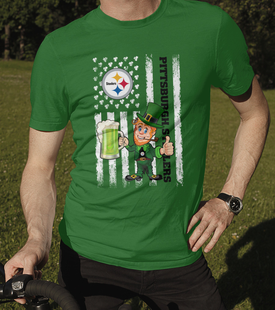 Pittsburgh Steelers Leprechaun St Patrick's Day Shamrock Beer Flag T-Shirt