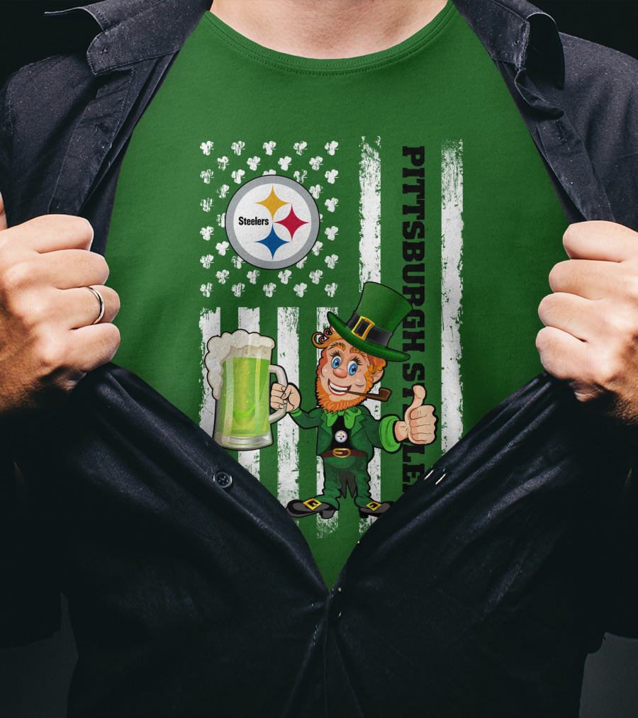 Pittsburgh Steelers Leprechaun St Patrick's Day Shamrock Beer Flag T-Shirt
