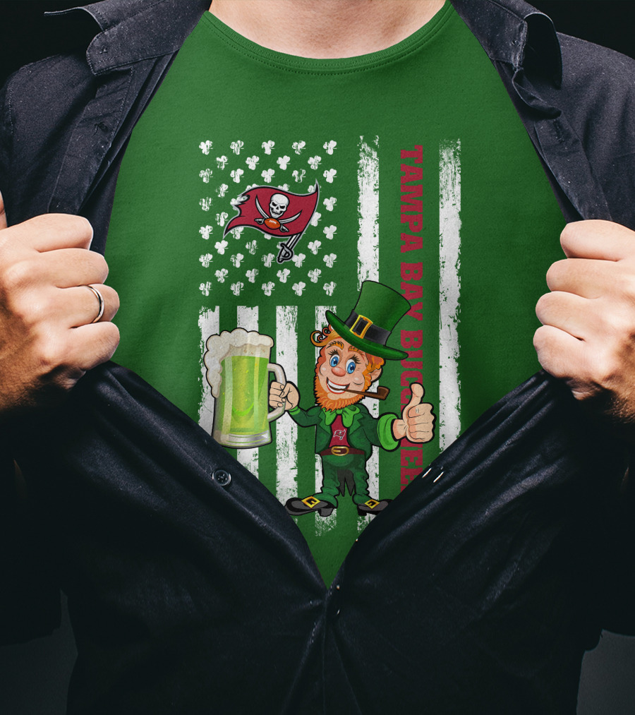 Tampa Bay Buccaneers St Patrick's Day Leprechaun Flag With Shamrocks And Green Beer T-Shirt