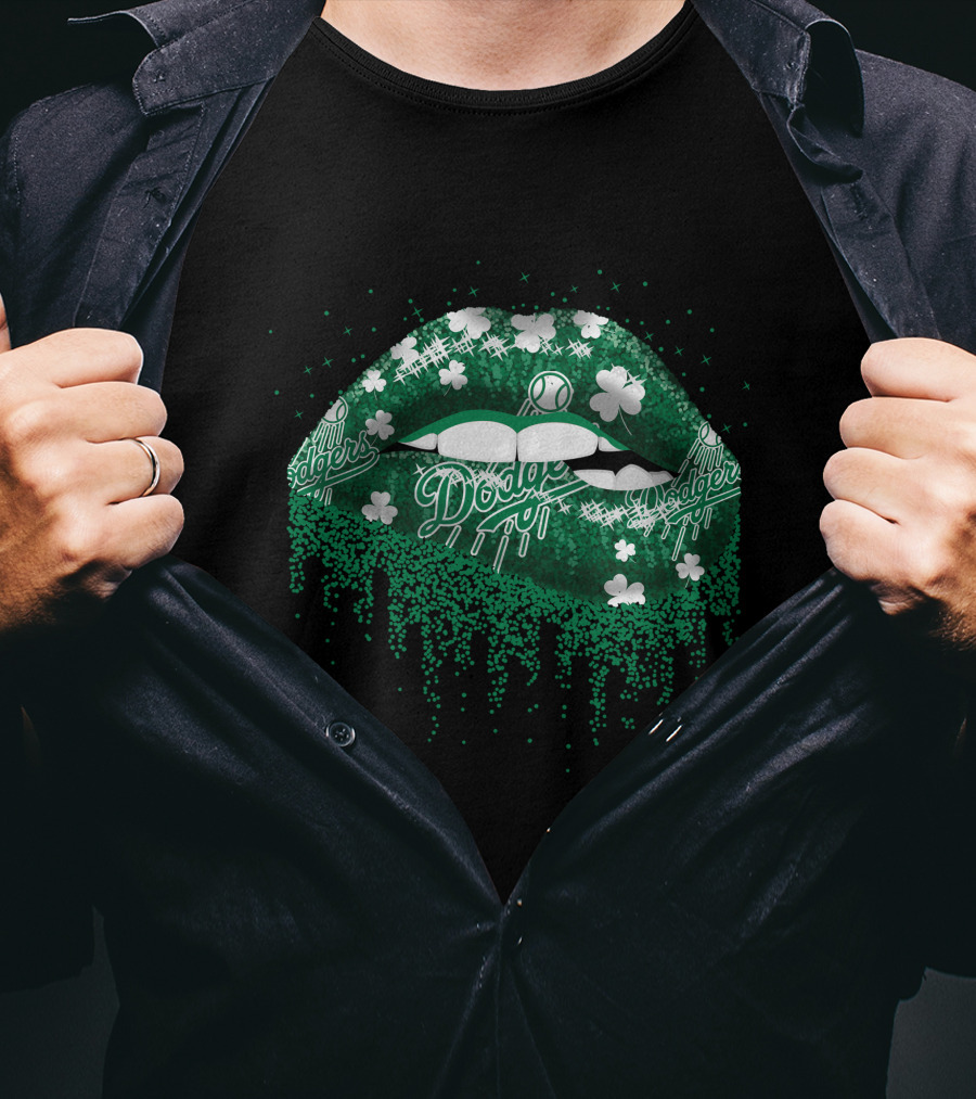 Los Angeles Dodgers Green Lips Clover Baseball T-Shirt