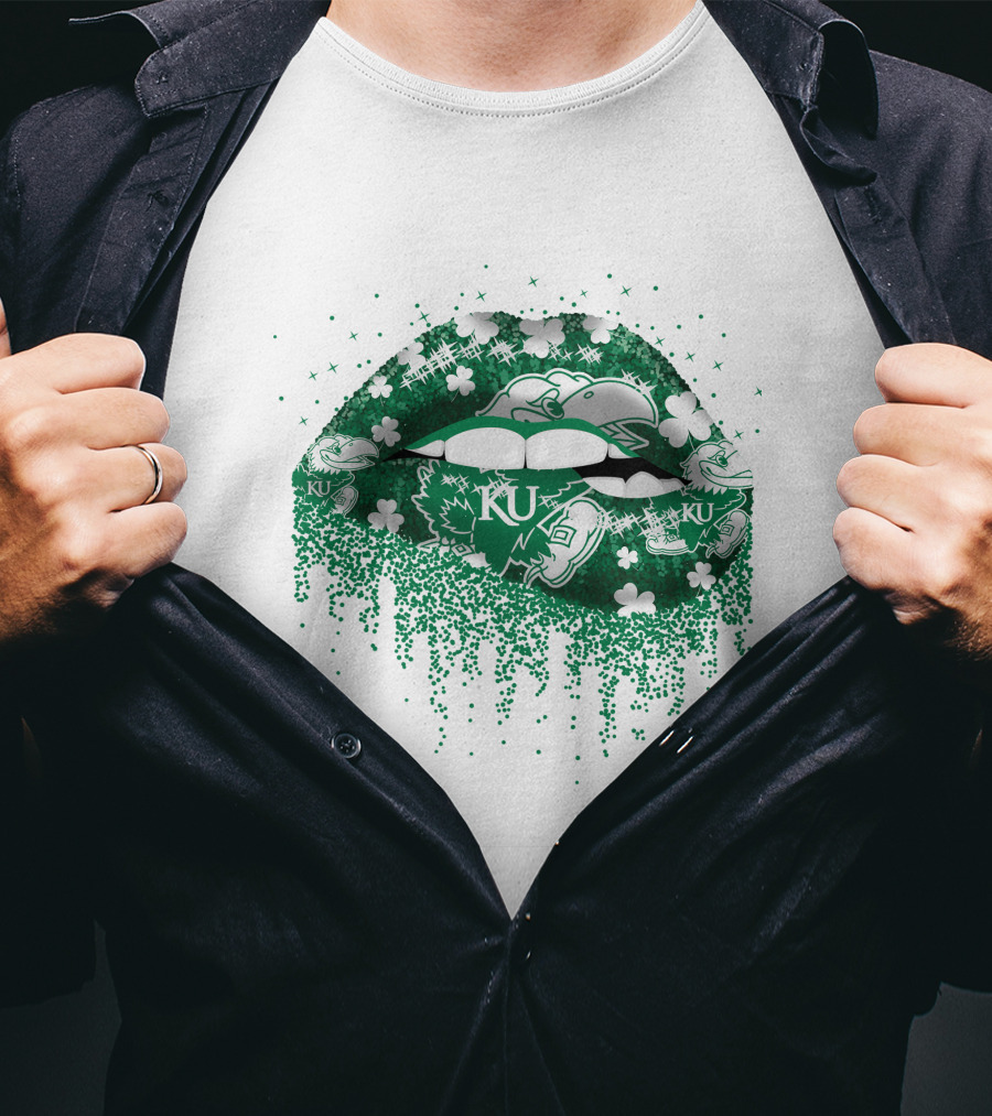 Kansas Jayhawks Lips Green Shamrock KU T-Shirt