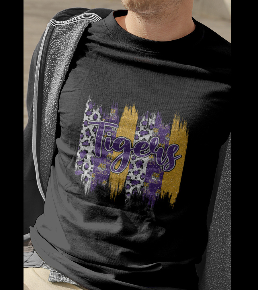 Tigers LSU Purple Gold Leopard Brushstroke T-Shirt