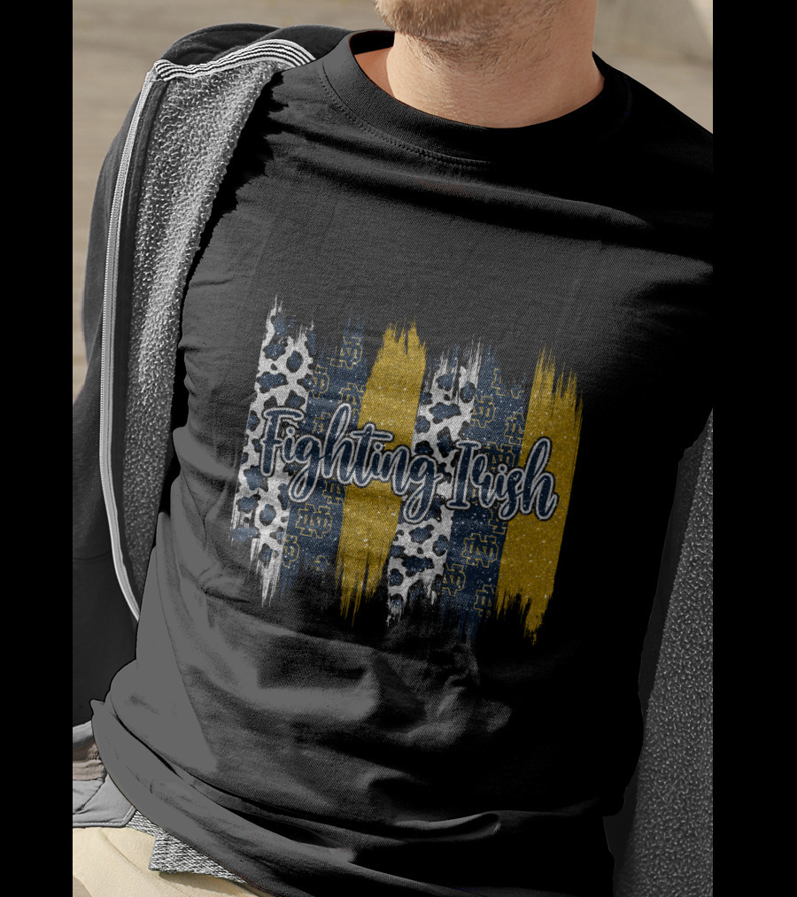 Notre Dame Fighting Irish Brushstroke Blue Gold Leopard Print T-Shirt