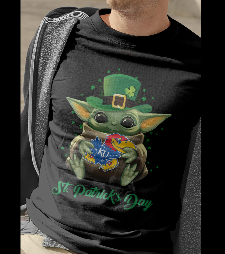 St. Patrick's Day Kansas Jayhawks Baby Yoda KU T-Shirt