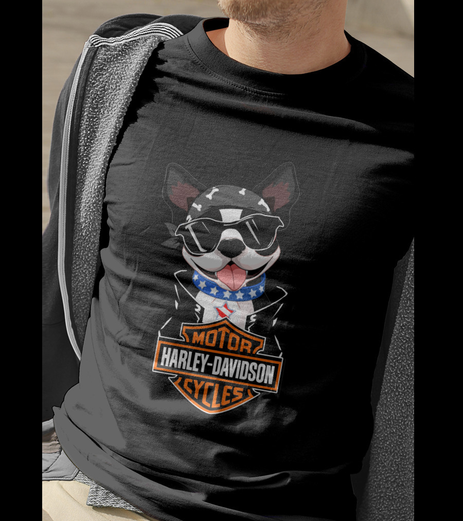 Harley Davidson Boston Terrier Motorcycle American Flag Scarf T-Shirt