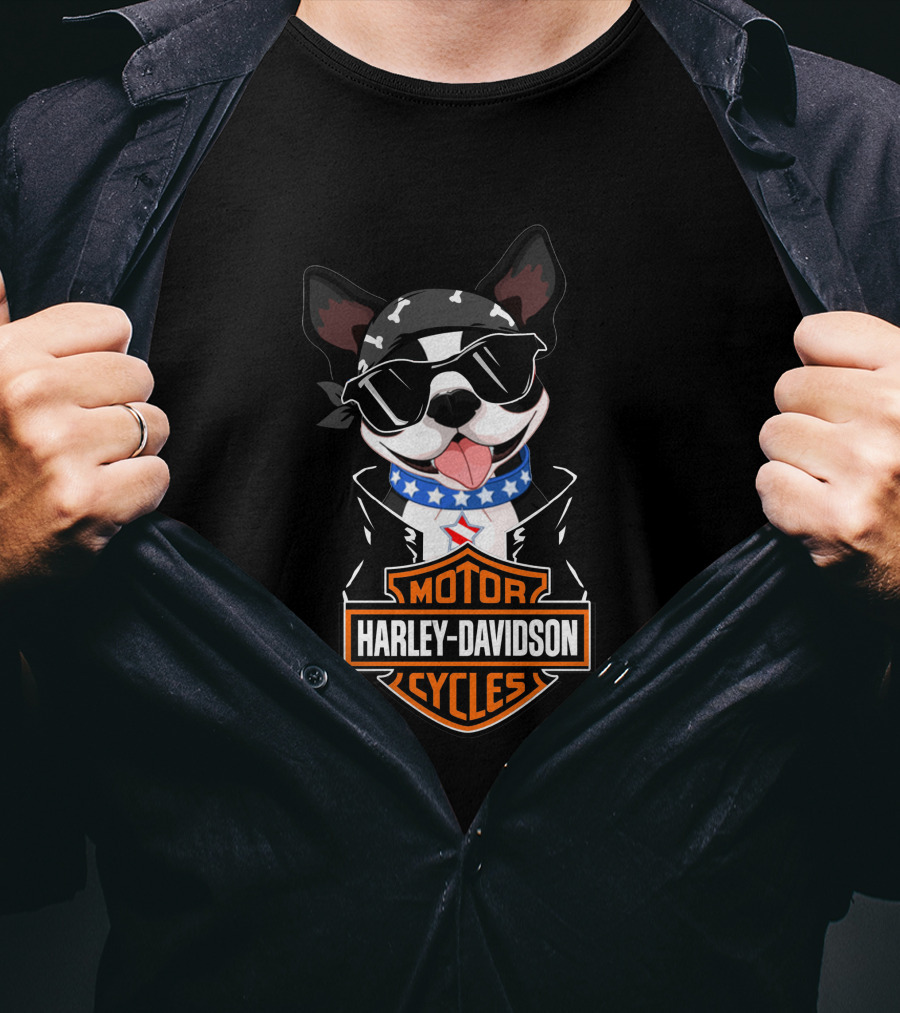 Harley Davidson Boston Terrier Motorcycle American Flag Scarf T-Shirt