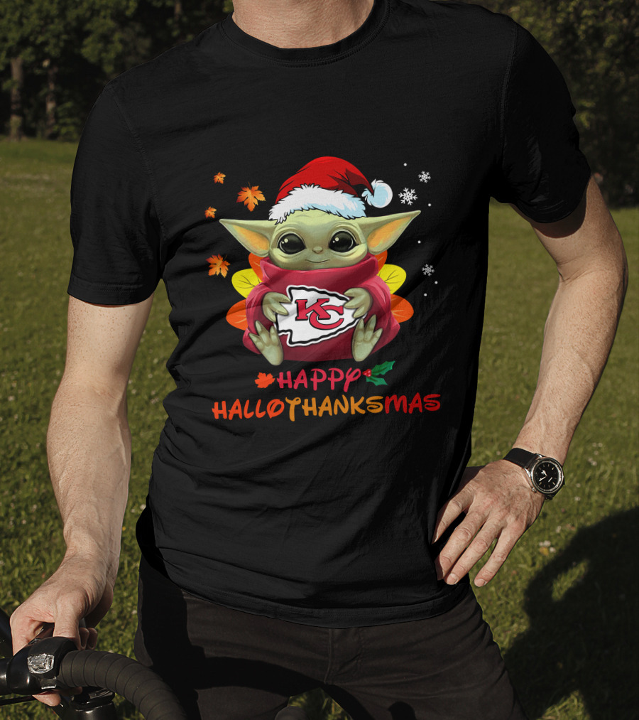 Kansas City Chiefs Baby Yoda Happy Hallothanksmas T-Shirt