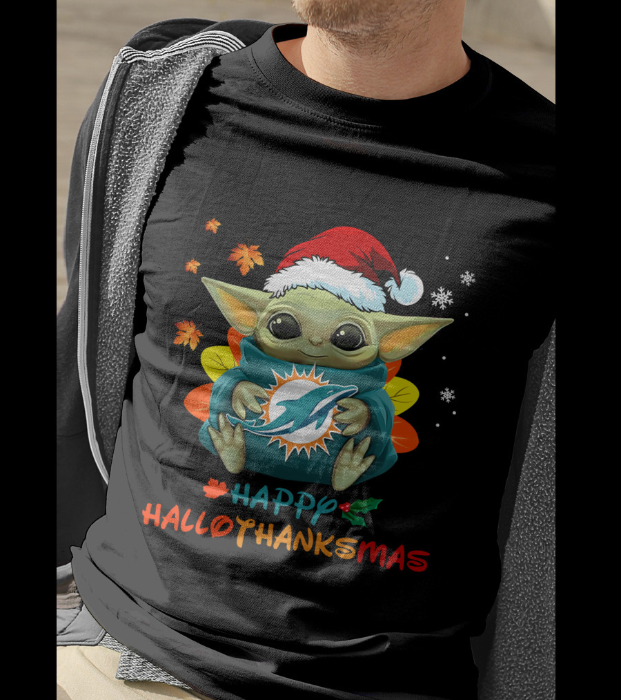 Happy Hallothanksmas Miami Dolphins Baby Yoda T-Shirt