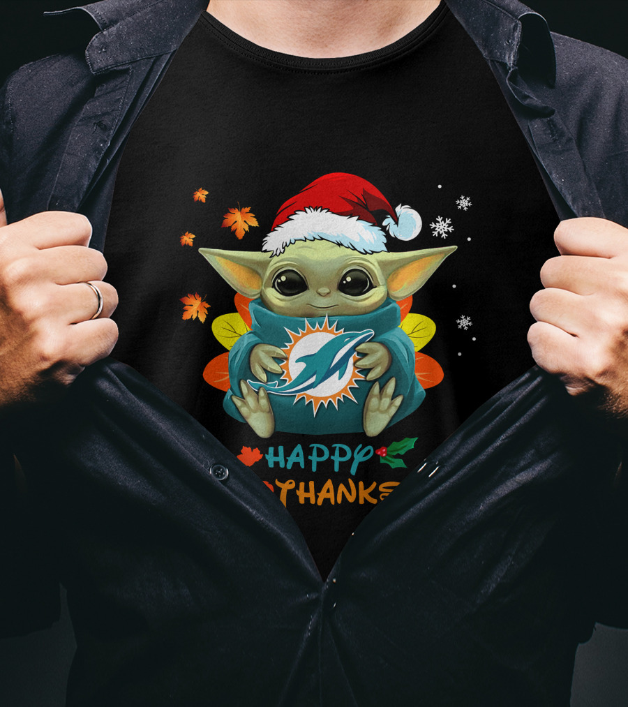 Happy Hallothanksmas Miami Dolphins Baby Yoda T-Shirt