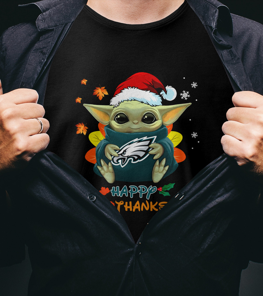 Happy Hallothanksmas Philadelphia Eagles Baby Yoda Santa Hat T-Shirt