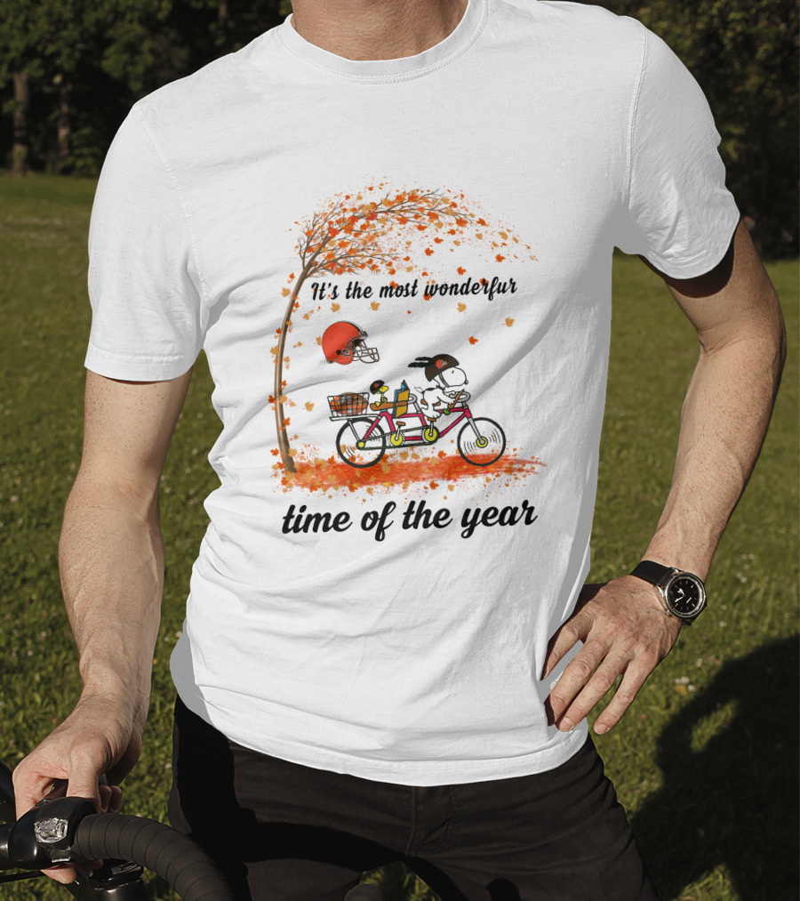 Cleveland Browns Baby Yoda Autumn Snoopy Tandem Bicycle It's The Most Wonderful Time Of The Year T-Shirt
