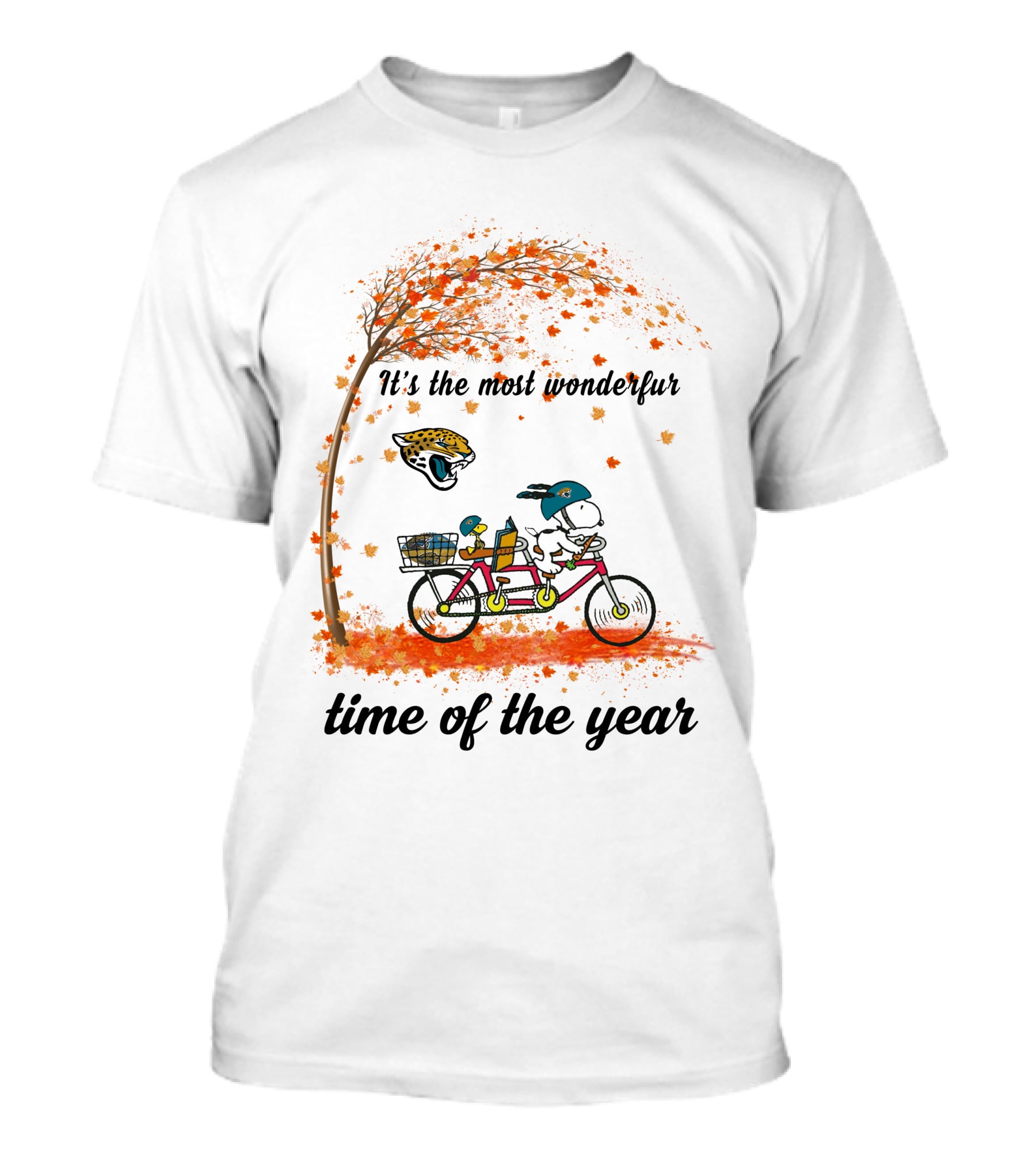 Jacksonville Jaguars Snoopy Bicycle Autumn It's The Most Wonderful Time Of The Year T-Shirt
