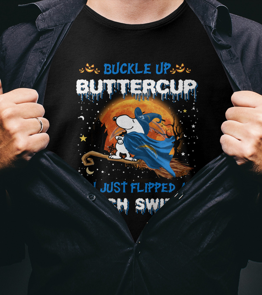 Buckle Up Buttercup You Just Flipped My Witch Switch Snoopy Los Angeles Chargers Halloween T-Shirt