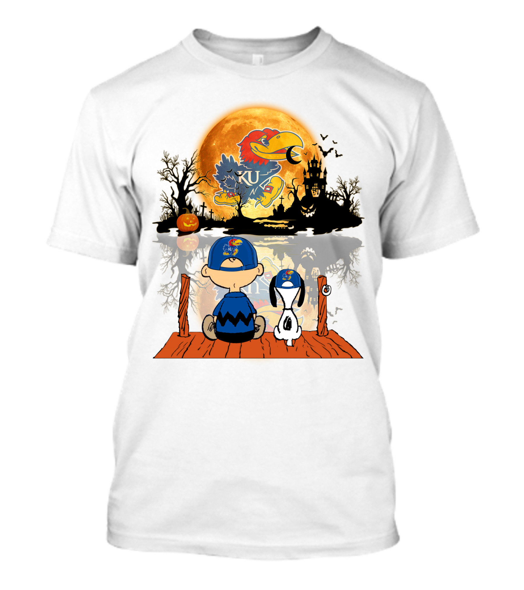 Kansas Jayhawks Halloween KU  Peanuts Moon Charlie Brown Snoopy Pumpkin T-Shirt
