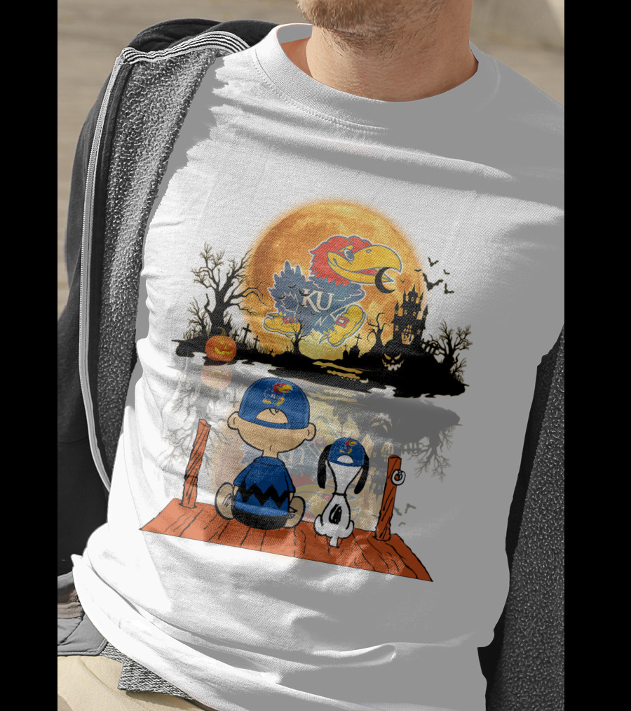 Kansas Jayhawks Halloween KU  Peanuts Moon Charlie Brown Snoopy Pumpkin T-Shirt